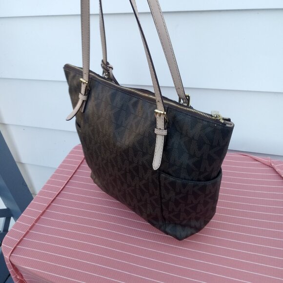 Michael Kors Jet Set Tote Shoulder Bag Brown MK Signature Logo Side Pockets - Picture 5 of 9